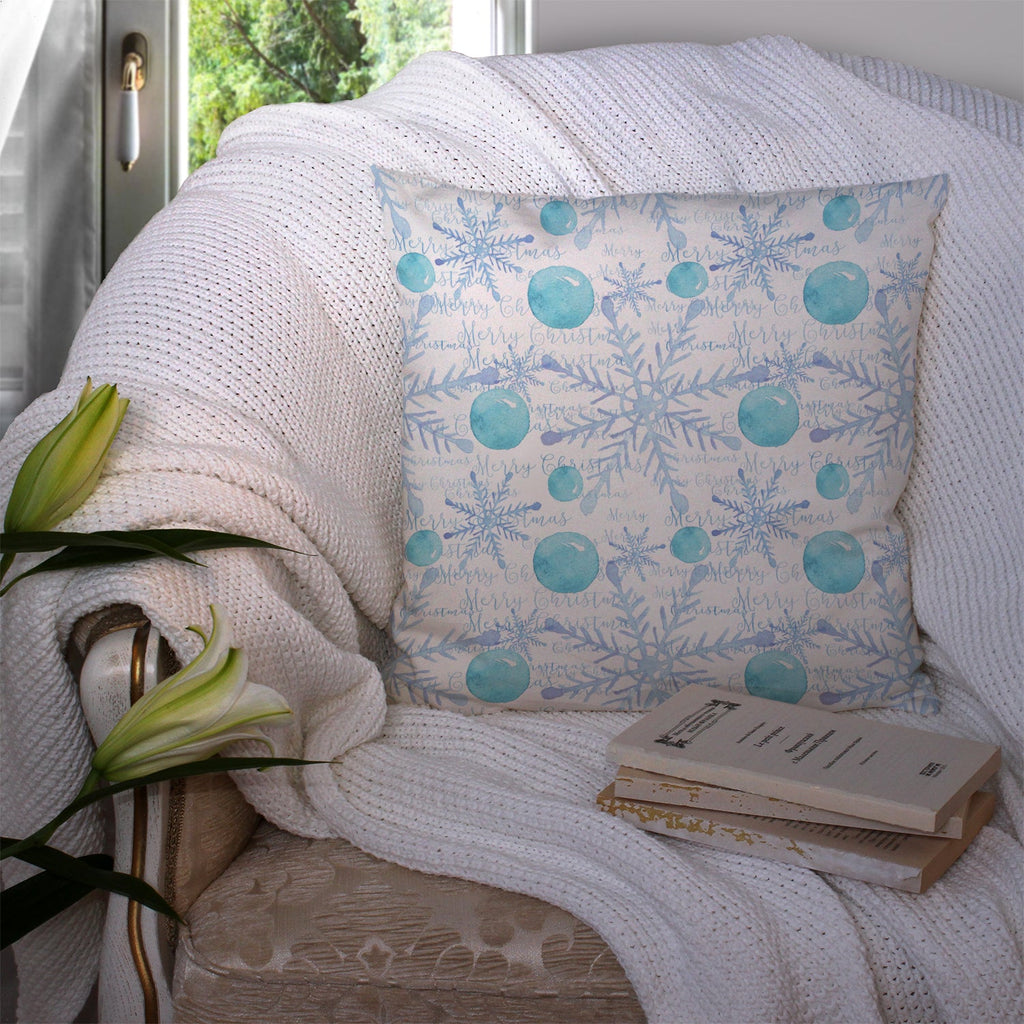 Winter Snowflakes on White Decorative Throw Pillow 14x14 Indoor Outdoor Accent Cushion, Fabric Cover with Insert for Sofa, Bed, Porch & Living Room