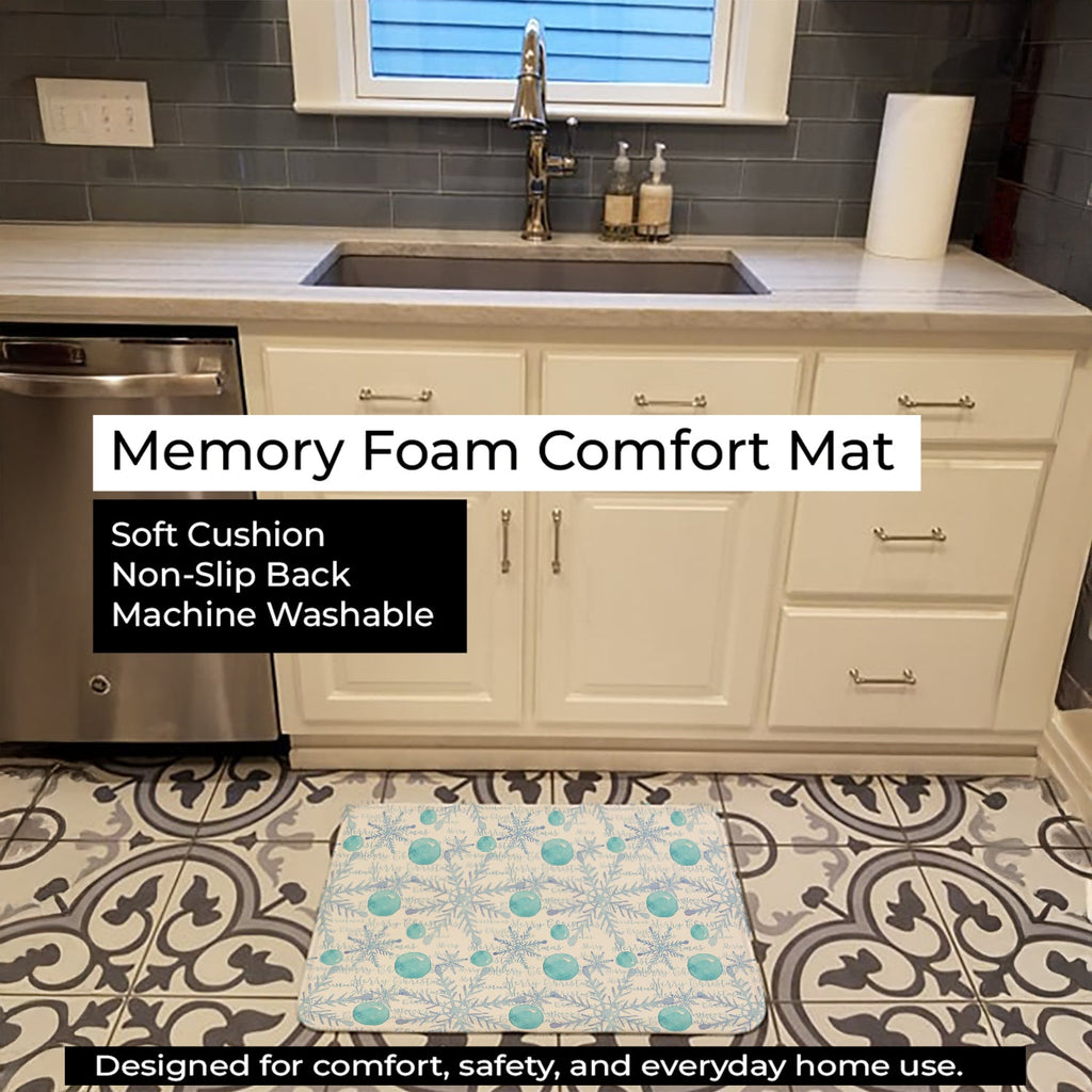 Winter Snowflakes on White Memory Foam Kitchen Mat Machine Washable Anti-Fatigue Cushion Comfort Bath or Kitchen Rug