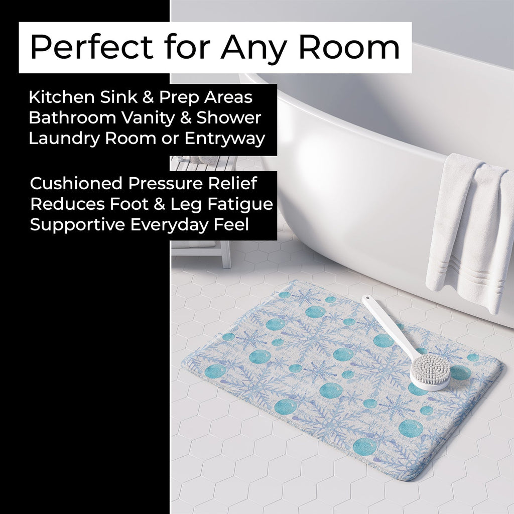 Winter Snowflakes on White Memory Foam Kitchen Mat Machine Washable Anti-Fatigue Cushion Comfort Bath or Kitchen Rug