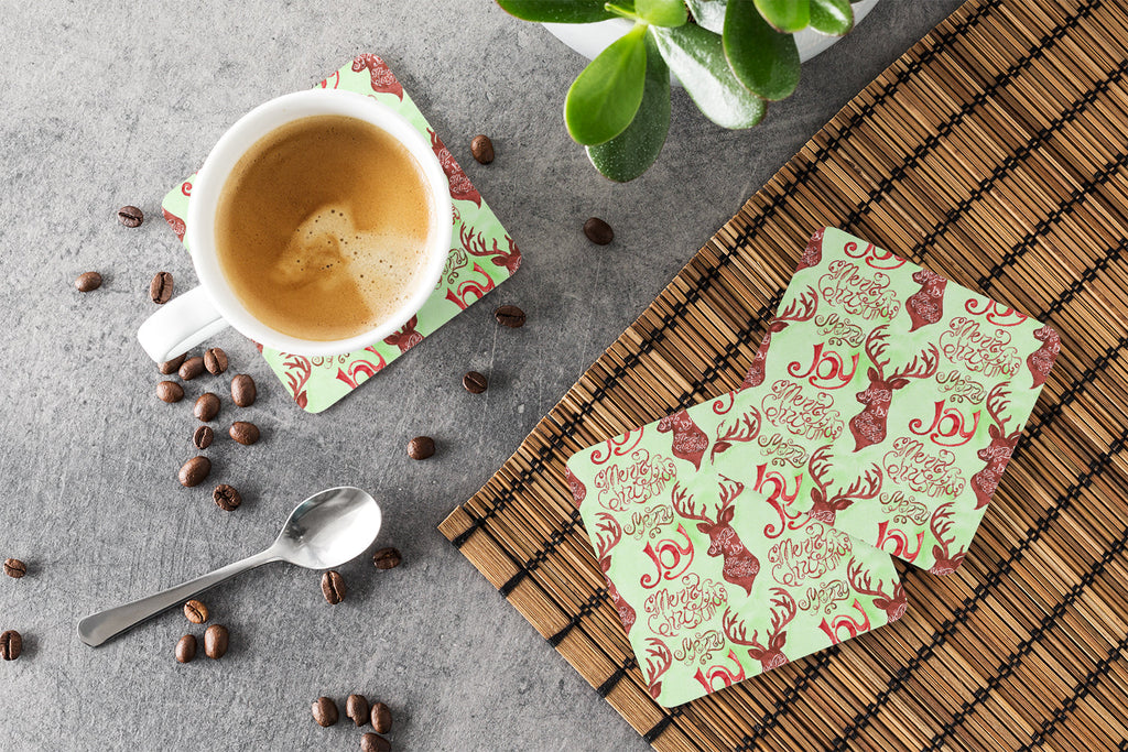 Merry Christmas Joy Reindeer Foam Coasters Set of 4 Cup Coasters for Indoor Outdoor, Tabletop Protection, Anti Slip, Mouse pad Material