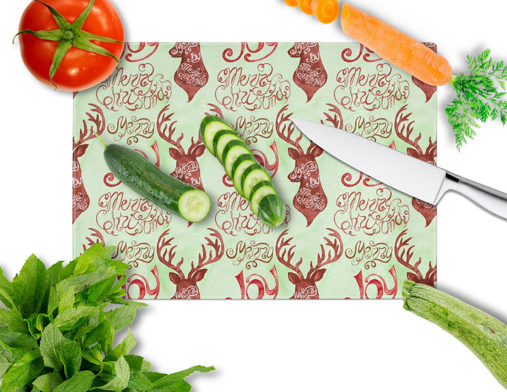 Merry Christmas Joy Reindeer Cutting Board Tempered Glass Kitchen Cutting Surface, Heat Resistant Chopping, Non-Slip Feet, Food Prep & Serving