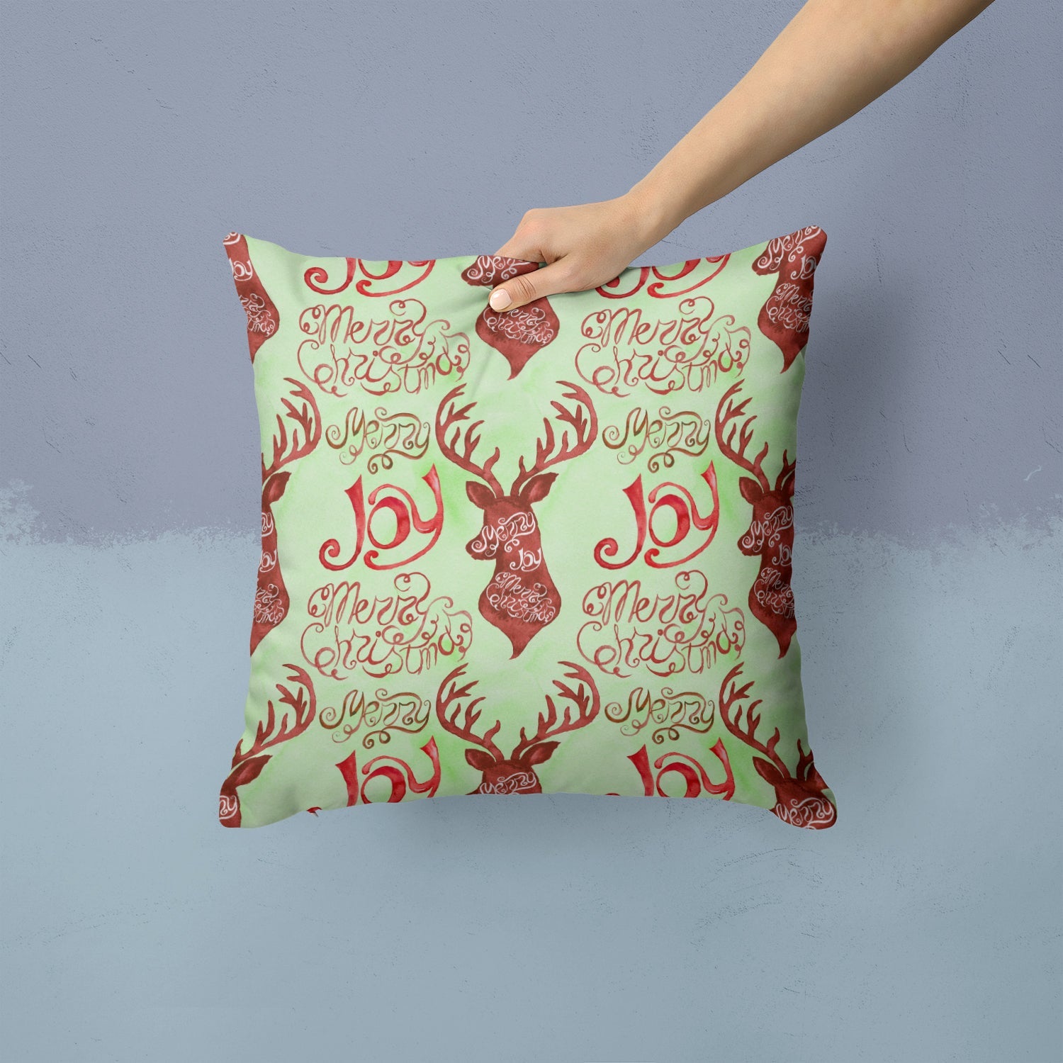 Merry Christmas Joy Reindeer Decorative Throw Pillow 14x14 Indoor Outdoor Accent Cushion, Fabric Cover with Insert for Sofa, Bed, Porch & Living Room