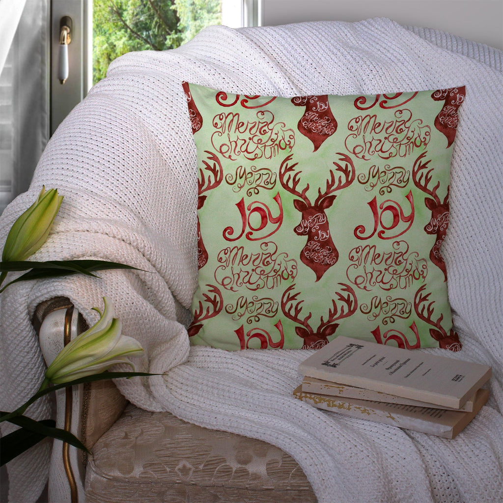 Merry Christmas Joy Reindeer Decorative Throw Pillow 14x14 Indoor Outdoor Accent Cushion, Fabric Cover with Insert for Sofa, Bed, Porch & Living Room