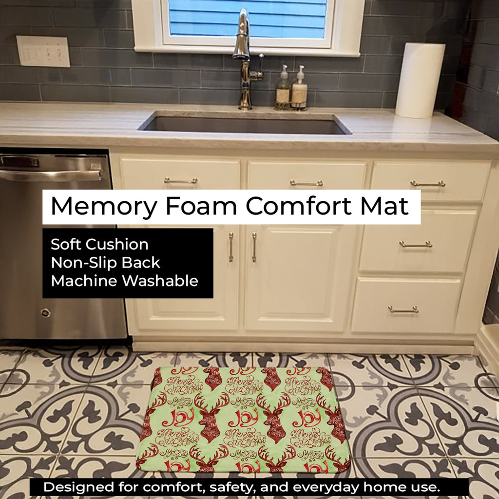 Merry Christmas Joy Reindeer Memory Foam Kitchen Mat Machine Washable Anti-Fatigue Cushion Comfort Bath or Kitchen Rug