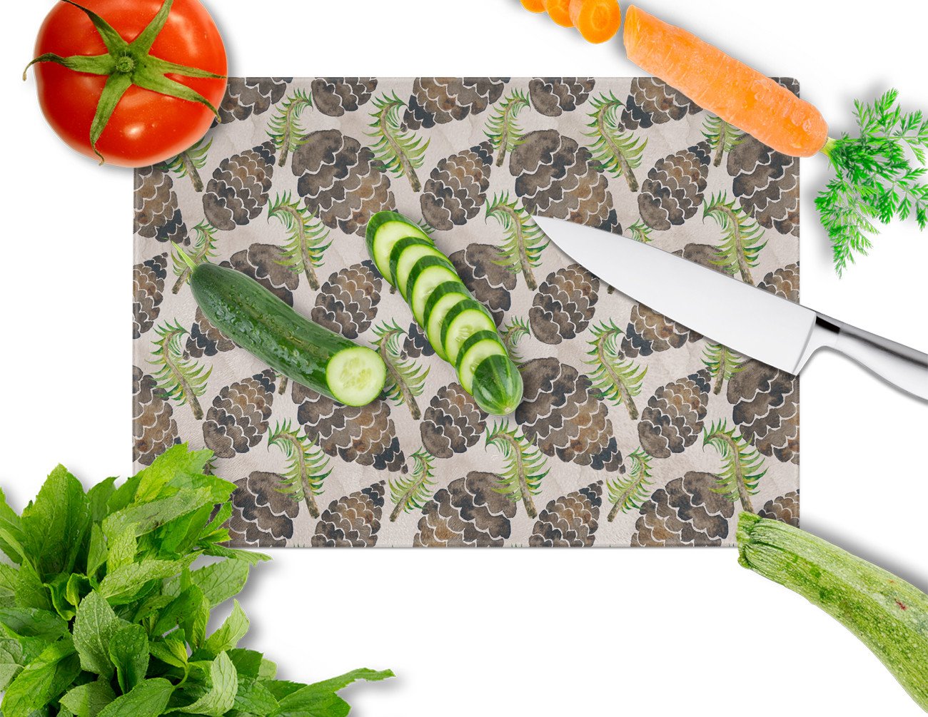 Watercolor Pine Cones Cutting Board Tempered Glass Kitchen Cutting Surface, Heat Resistant Chopping, Non-Slip Feet, Food Prep & Serving