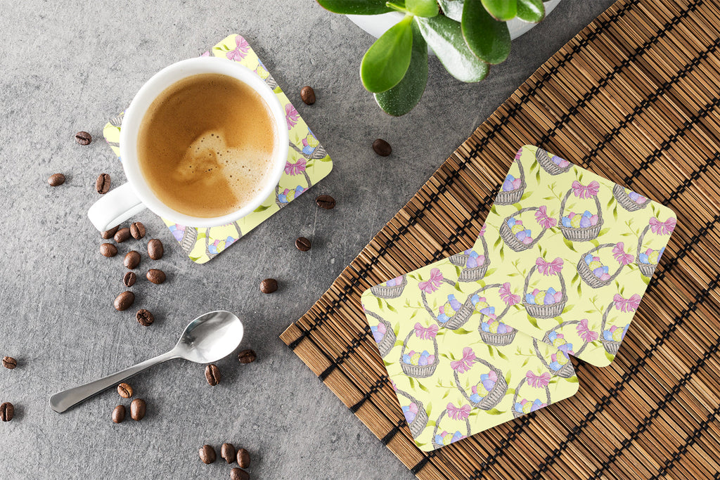 Easter Basket and Eggs Foam Coasters Set of 4 Cup Coasters for Indoor Outdoor, Tabletop Protection, Anti Slip, Mouse pad Material