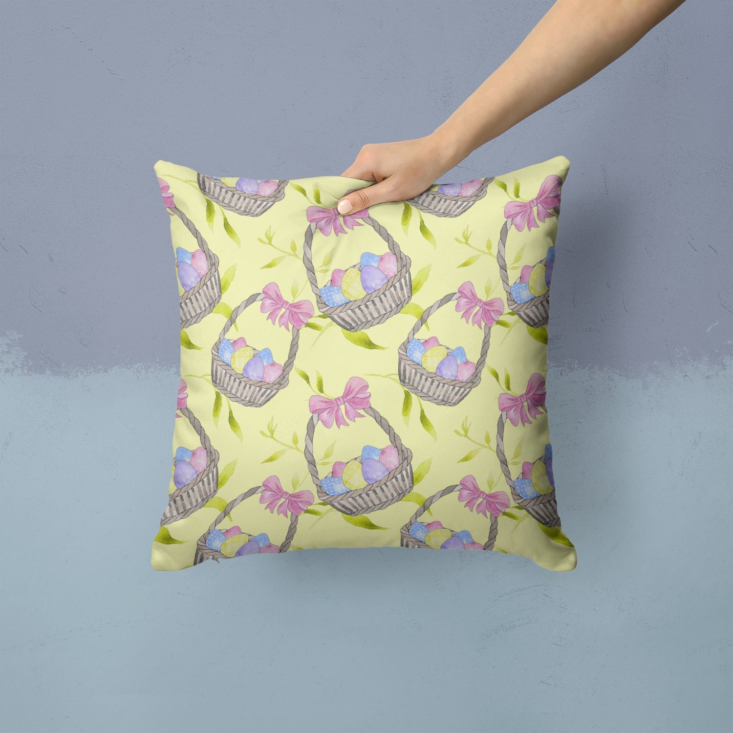 Easter Basket and Eggs Decorative Throw Pillow 14x14 Indoor Outdoor Accent Cushion, Fabric Cover with Insert for Sofa, Bed, Porch & Living Room