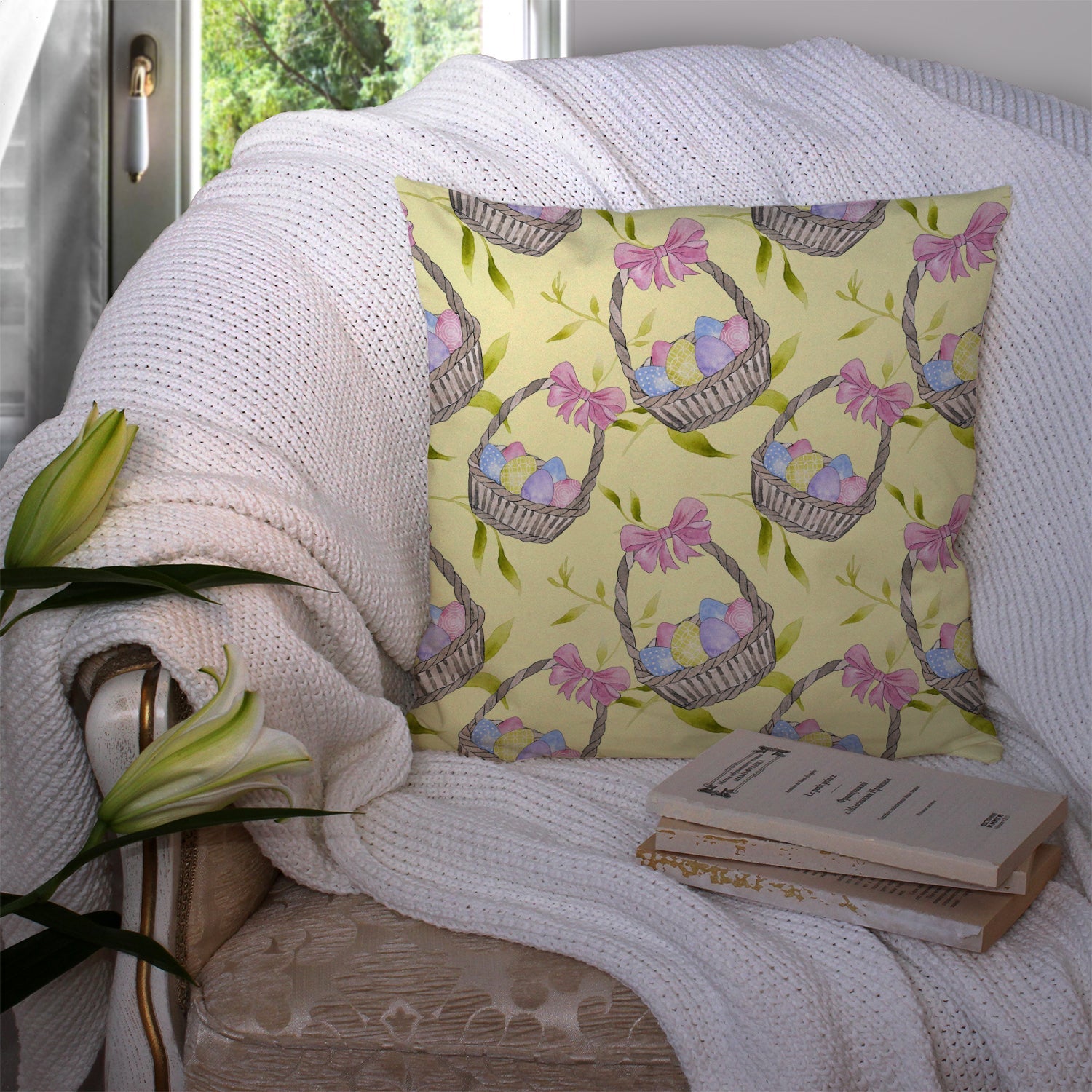 Easter Basket and Eggs Decorative Throw Pillow 14x14 Indoor Outdoor Accent Cushion, Fabric Cover with Insert for Sofa, Bed, Porch & Living Room