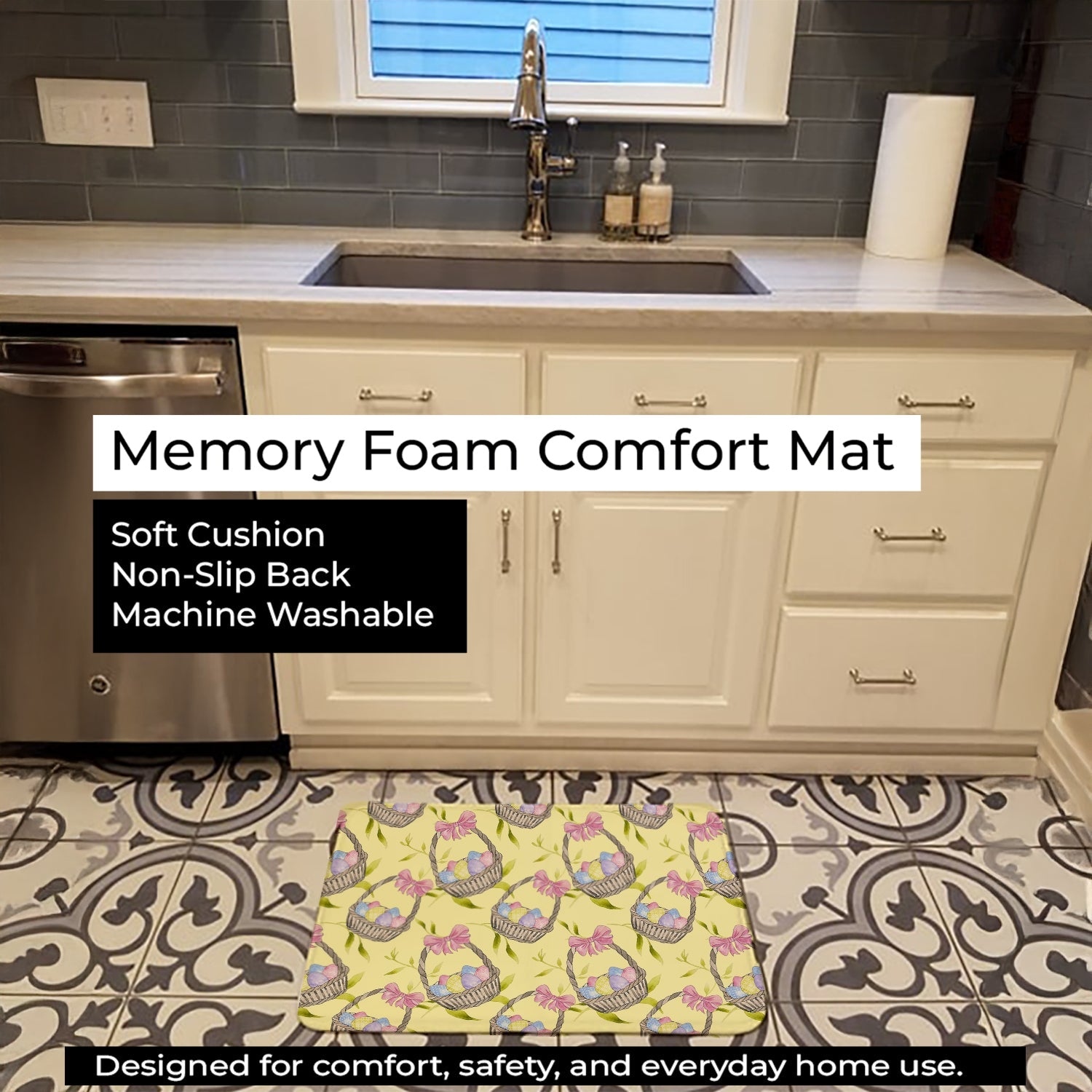 Easter Basket and Eggs Memory Foam Kitchen Mat Machine Washable Anti-Fatigue Cushion Comfort Bath or Kitchen Rug