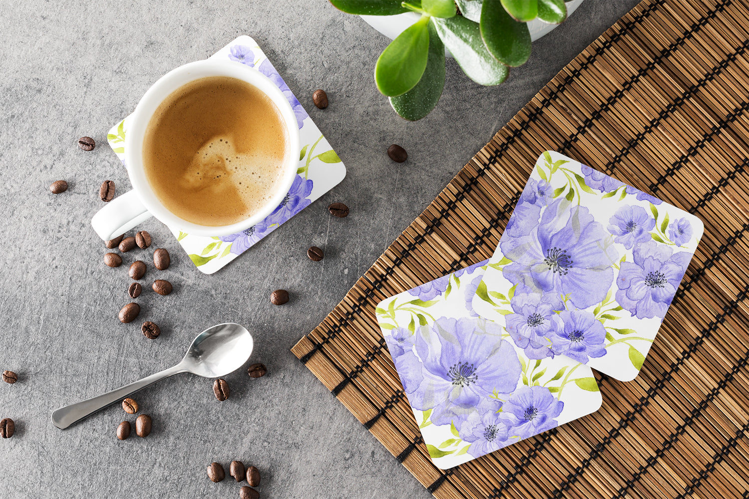 Watercolor Blue Flowers Foam Coasters Set of 4 Cup Coasters for Indoor Outdoor, Tabletop Protection, Anti Slip, Mouse pad Material
