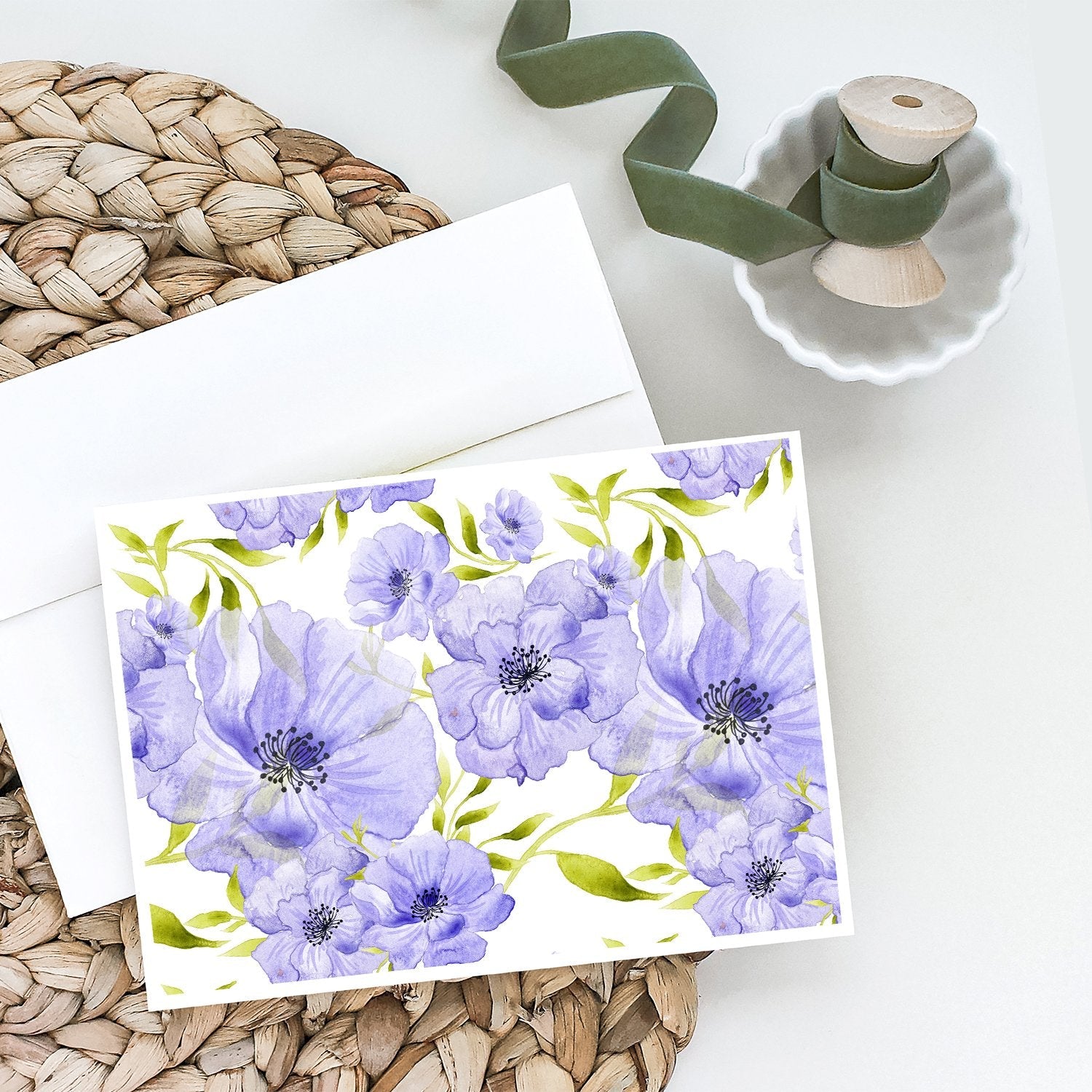 Watercolor Blue Flowers Greeting Cards Pack of 8 Blank Cards with Envelopes Whimsical A7 Size 5x7