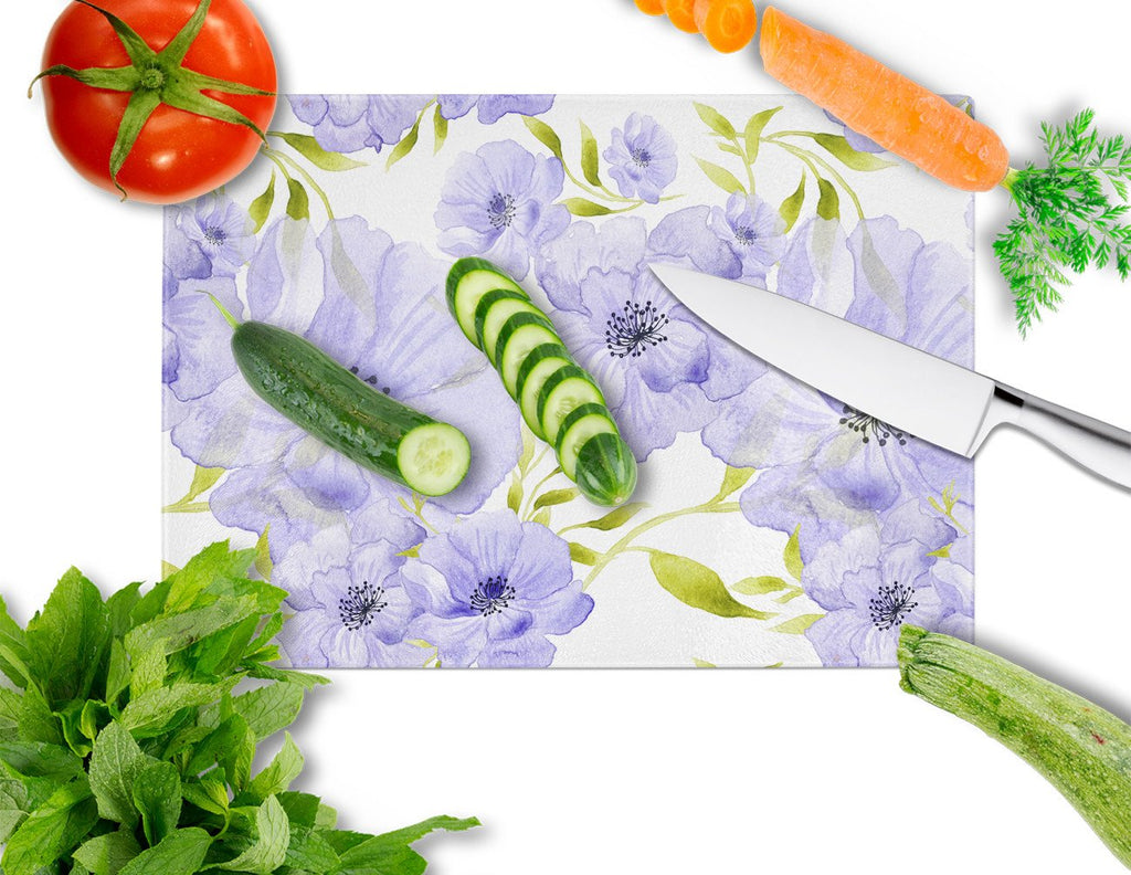 Watercolor Blue Flowers Cutting Board Tempered Glass Kitchen Cutting Surface, Heat Resistant Chopping, Non-Slip Feet, Food Prep & Serving
