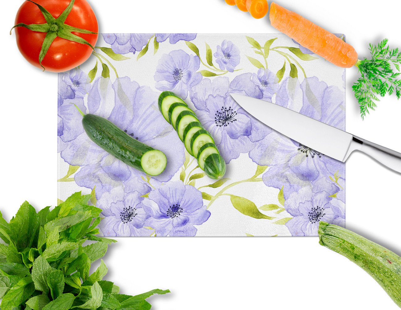 Watercolor Blue Flowers Cutting Board Tempered Glass Kitchen Cutting Surface, Heat Resistant Chopping, Non-Slip Feet, Food Prep & Serving