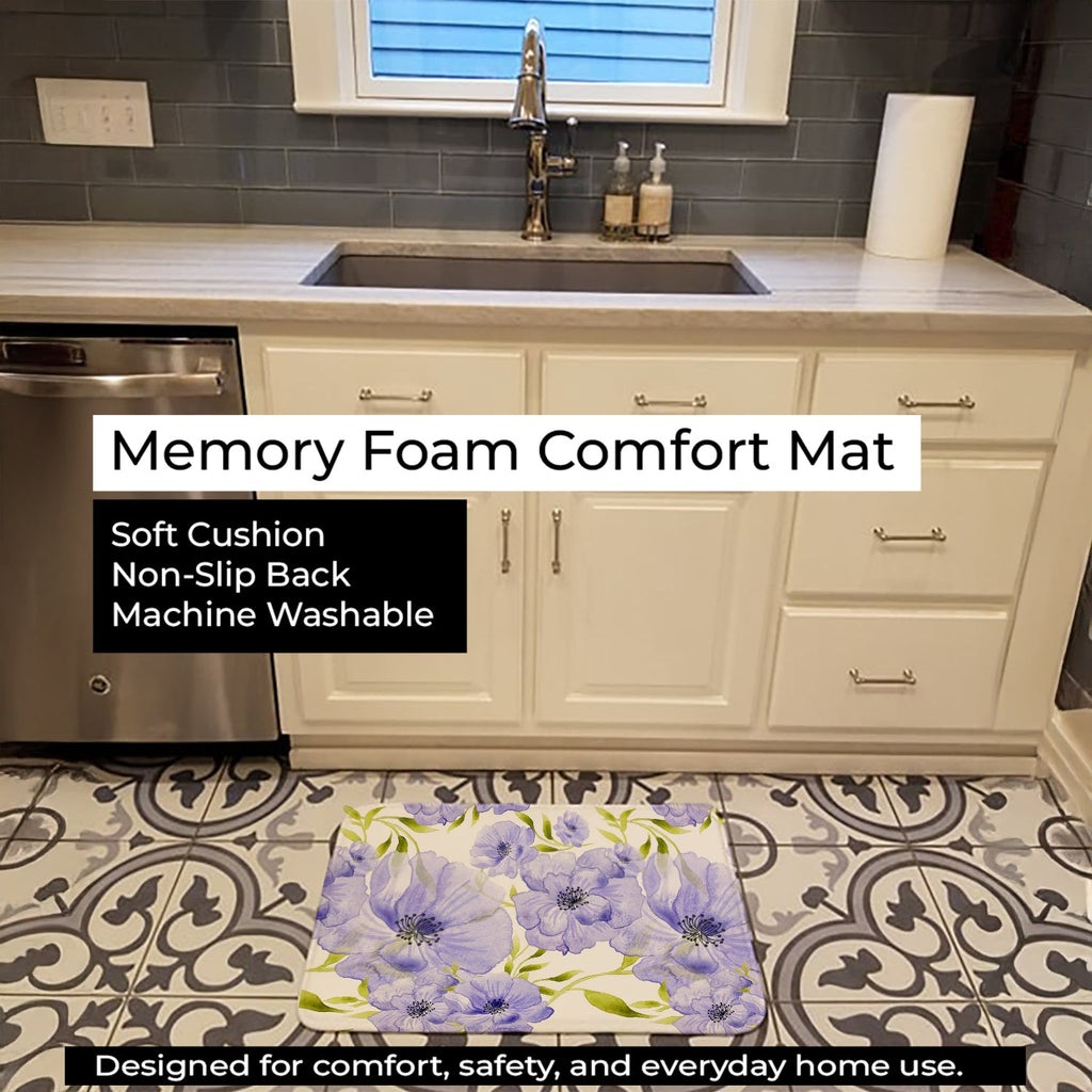Watercolor Blue Flowers Memory Foam Kitchen Mat Machine Washable Anti-Fatigue Cushion Comfort Bath or Kitchen Rug