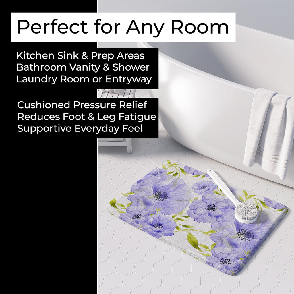 Watercolor Blue Flowers Memory Foam Kitchen Mat Machine Washable Anti-Fatigue Cushion Comfort Bath or Kitchen Rug