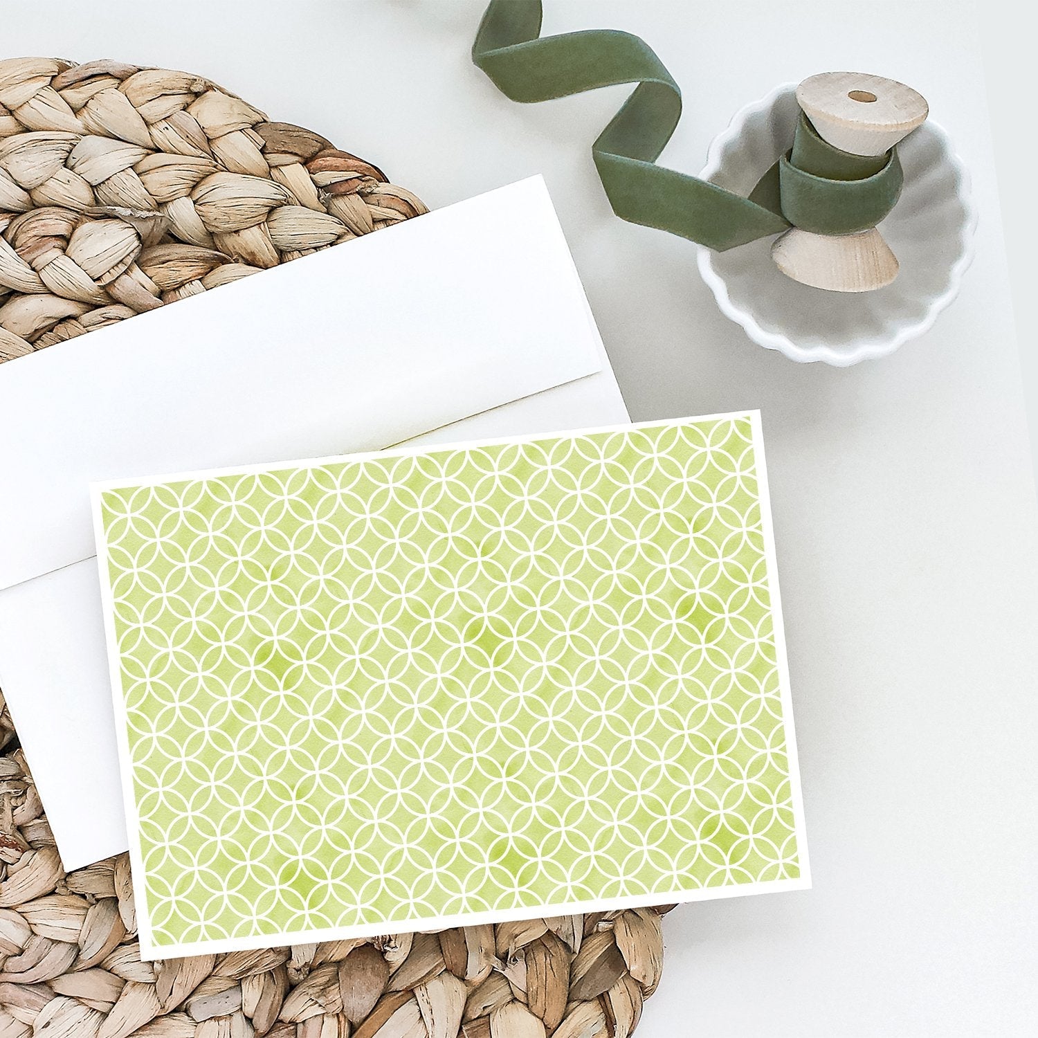 Gemoetric Circles on Green Watercolor Greeting Cards Pack of 8 Blank Cards with Envelopes Whimsical A7 Size 5x7