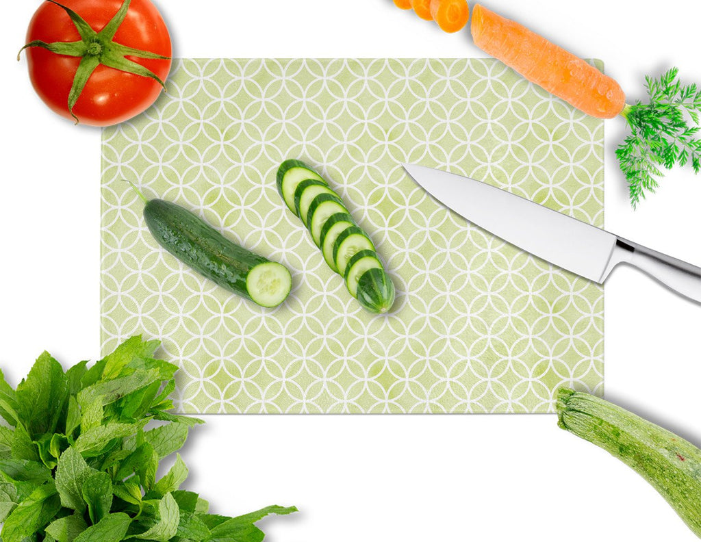 Gemoetric Circles on Green Watercolor Cutting Board Tempered Glass Kitchen Cutting Surface, Heat Resistant Chopping, Non-Slip Feet, Food Prep & Serving