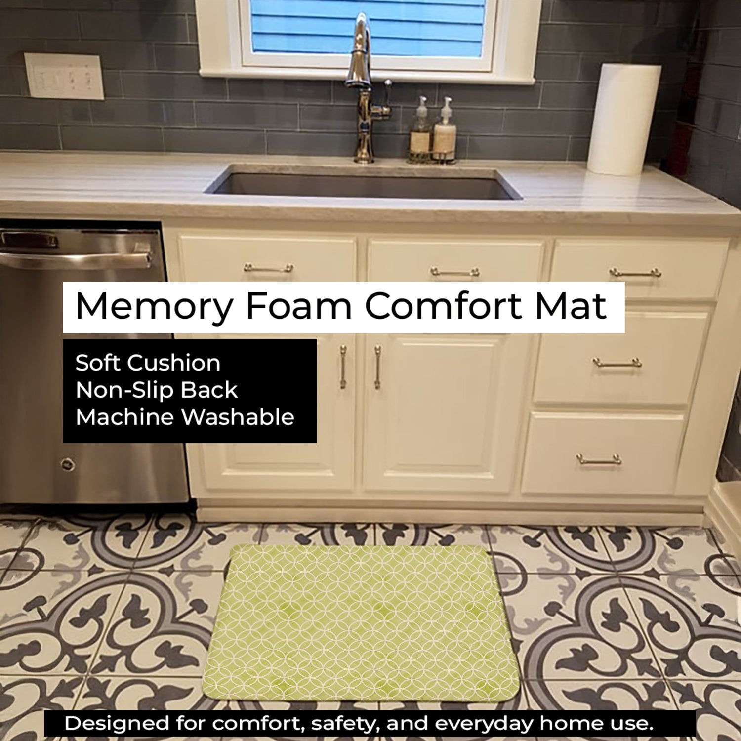 Gemoetric Circles on Green Watercolor Memory Foam Kitchen Mat Machine Washable Anti-Fatigue Cushion Comfort Bath or Kitchen Rug