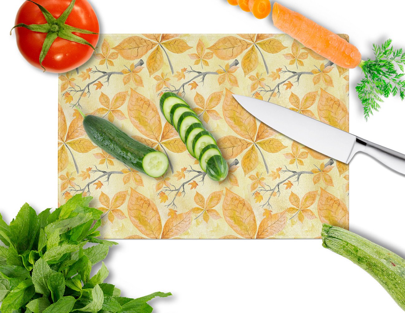 Fall Leaves and Branches Cutting Board Tempered Glass Kitchen Cutting Surface, Heat Resistant Chopping, Non-Slip Feet, Food Prep & Serving