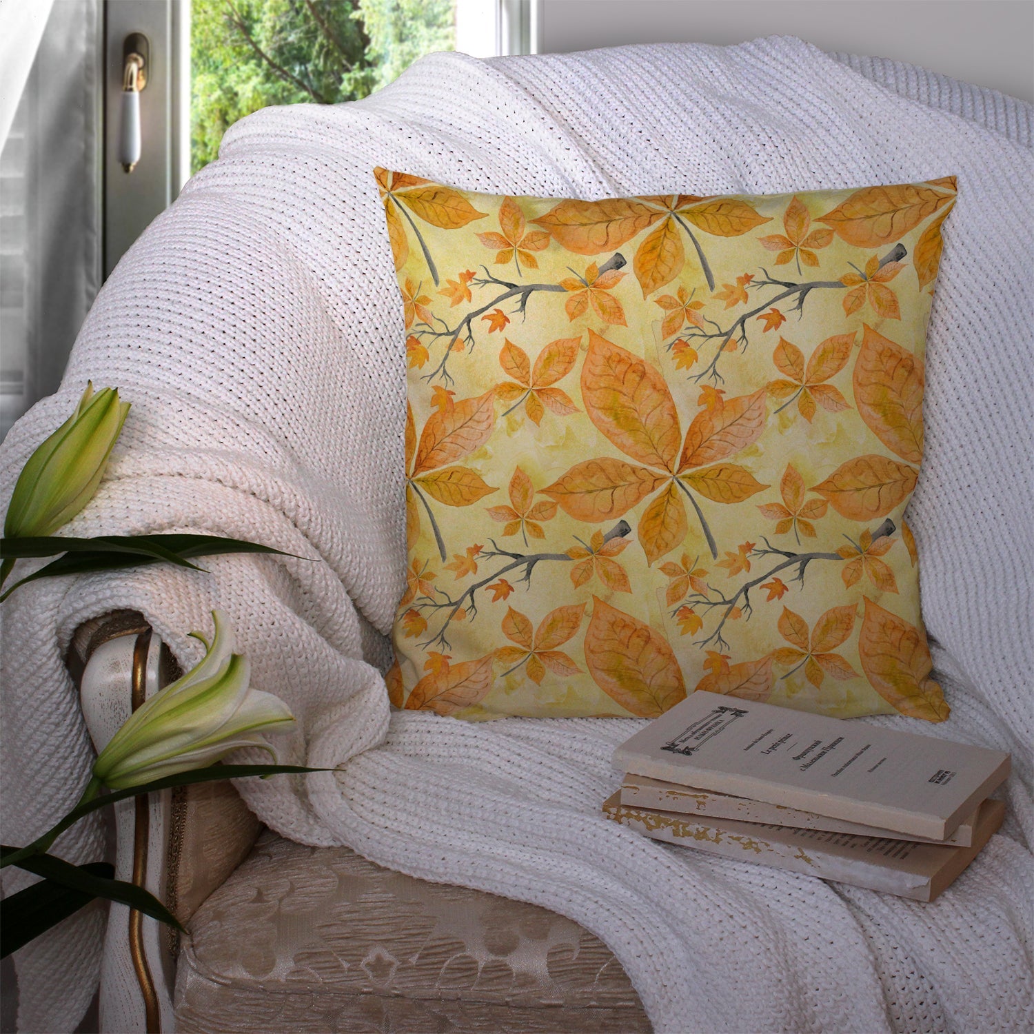 Fall Leaves and Branches Decorative Throw Pillow 14x14 Indoor Outdoor Accent Cushion, Fabric Cover with Insert for Sofa, Bed, Porch & Living Room