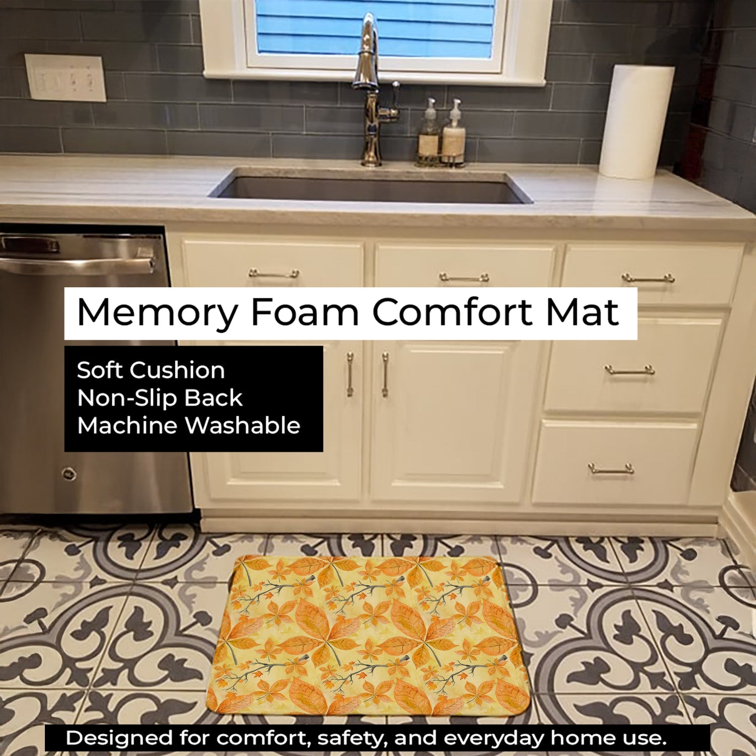Fall Leaves and Branches Memory Foam Kitchen Mat Machine Washable Anti-Fatigue Cushion Comfort Bath or Kitchen Rug