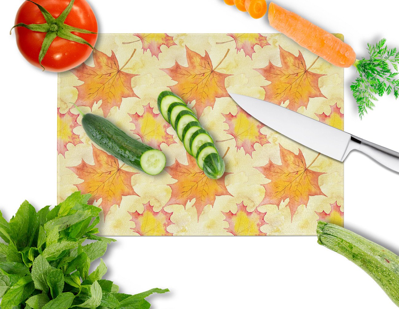Fall Leaves Scattered Cutting Board Tempered Glass Kitchen Cutting Surface, Heat Resistant Chopping, Non-Slip Feet, Food Prep & Serving