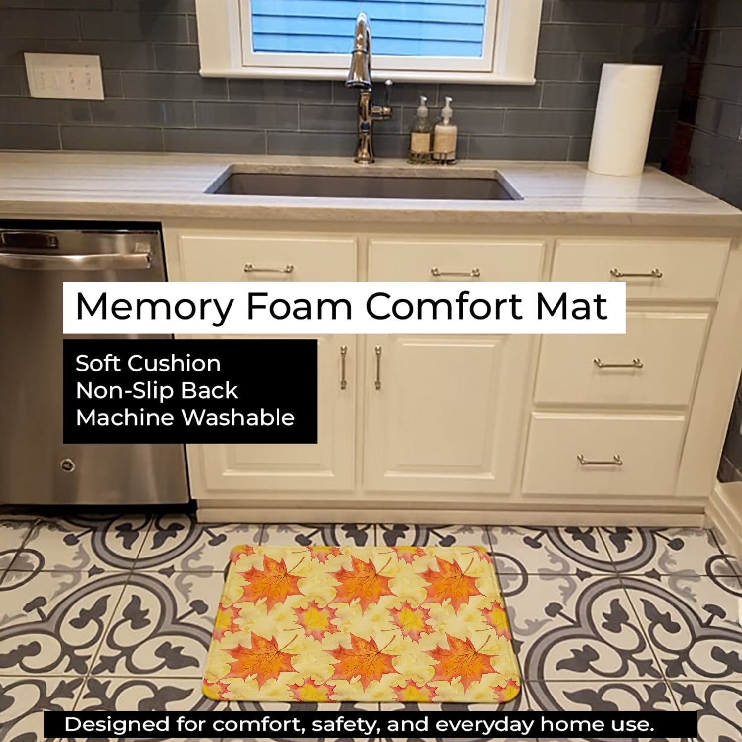 Fall Leaves Scattered Memory Foam Kitchen Mat Machine Washable Anti-Fatigue Cushion Comfort Bath or Kitchen Rug