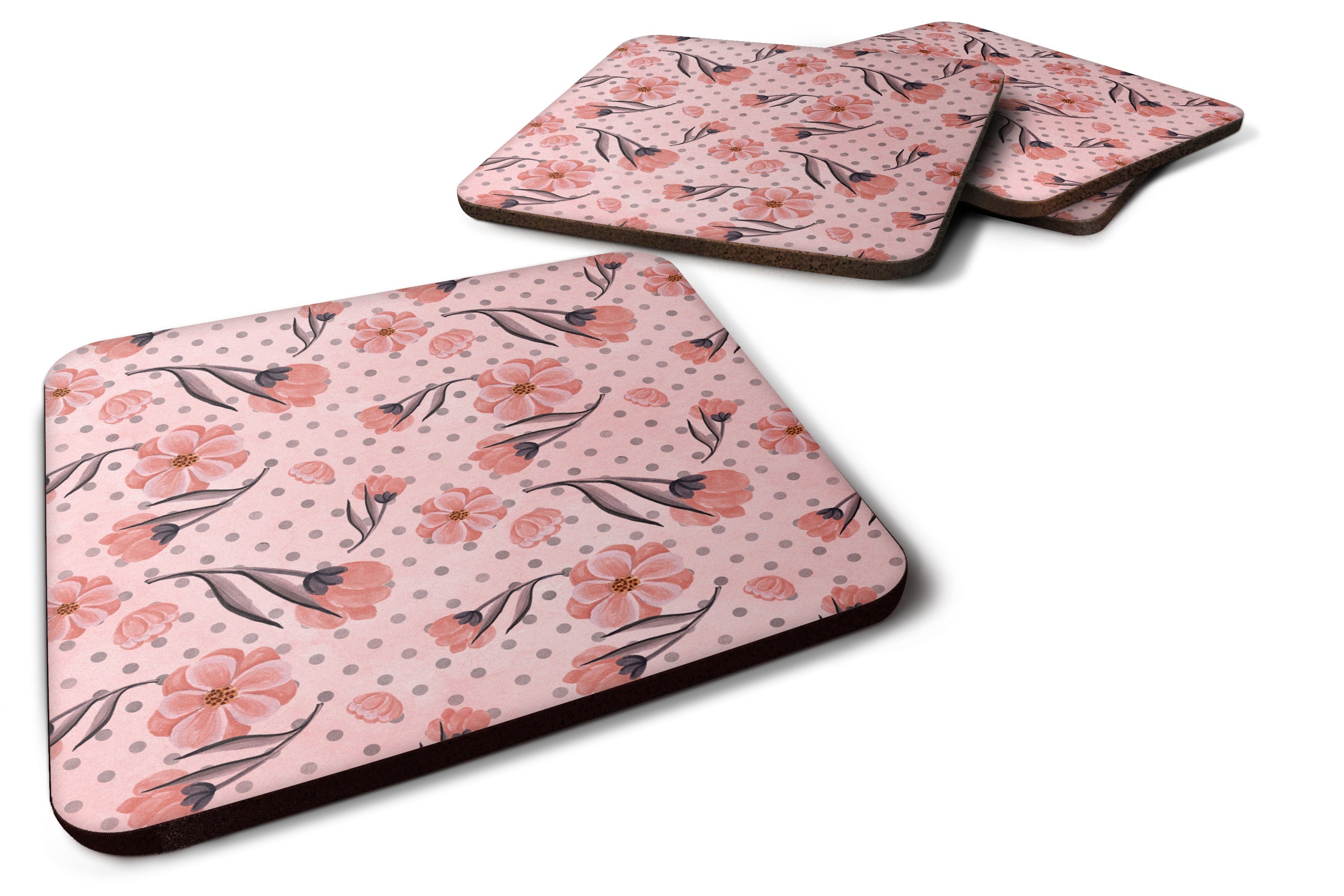 Pink Flowers and Polka Dots Foam Coasters Set of 4 Cup Coasters for Indoor Outdoor, Tabletop Protection, Anti Slip, Mouse pad Material