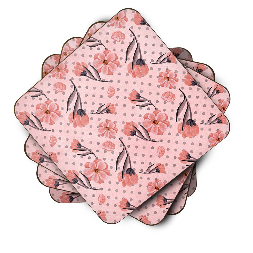 Pink Flowers and Polka Dots Foam Coasters Set of 4 Cup Coasters for Indoor Outdoor, Tabletop Protection, Anti Slip, Mouse pad Material