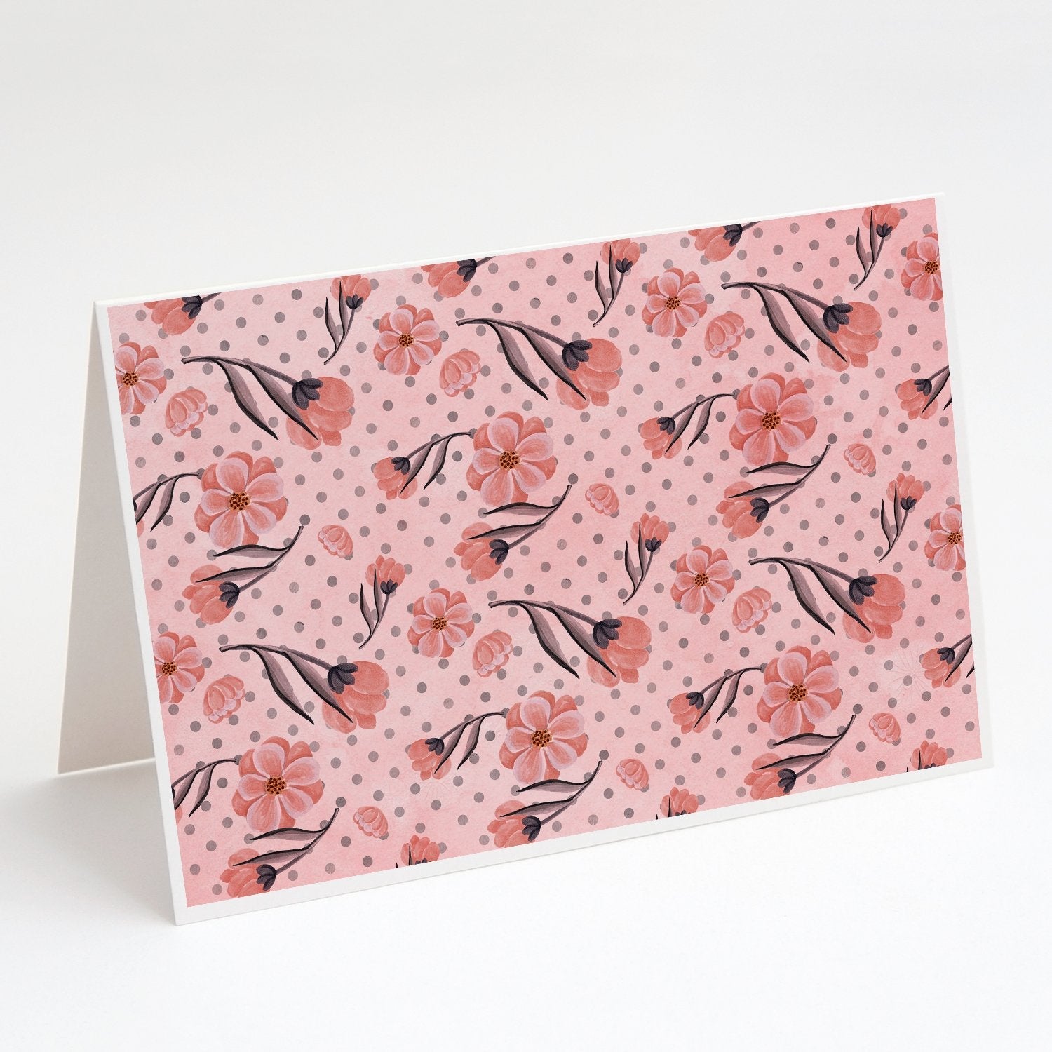 Pink Flowers and Polka Dots Greeting Cards Pack of 8 Blank Cards with Envelopes Whimsical A7 Size 5x7