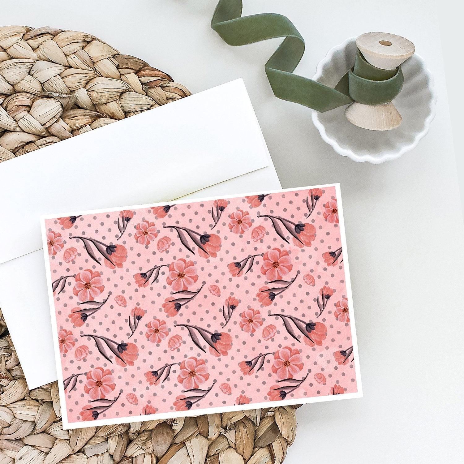 Pink Flowers and Polka Dots Greeting Cards Pack of 8 Blank Cards with Envelopes Whimsical A7 Size 5x7