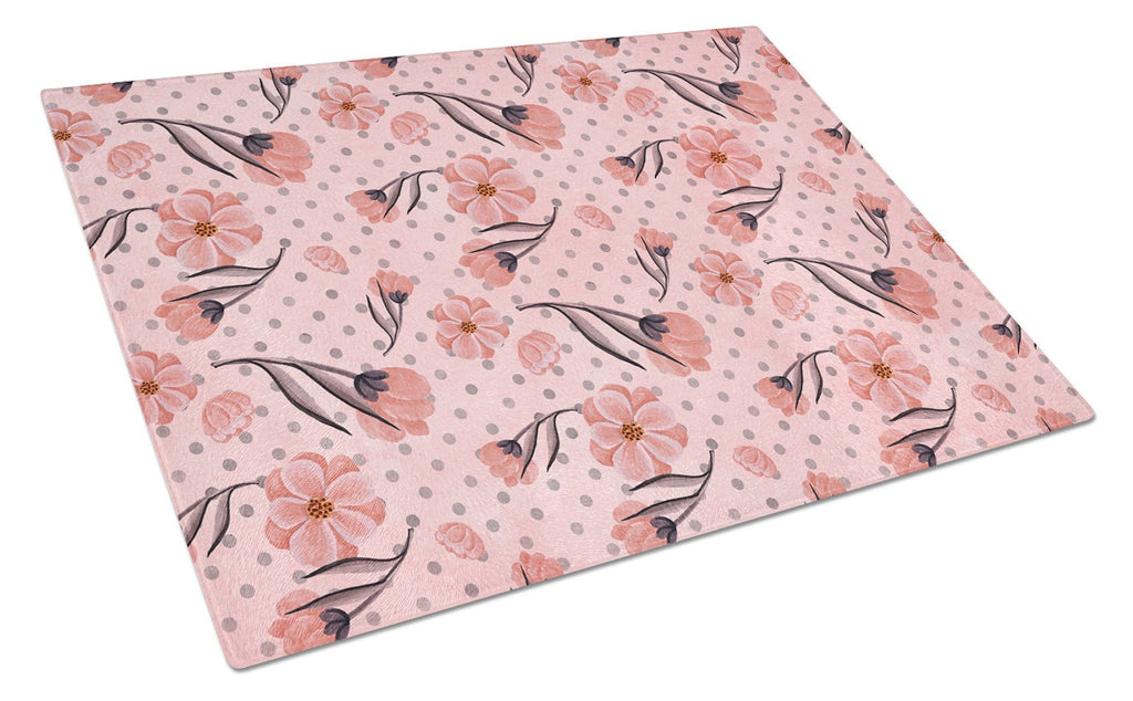 Pink Flowers and Polka Dots Cutting Board Tempered Glass Kitchen Cutting Surface, Heat Resistant Chopping, Non-Slip Feet, Food Prep & Serving