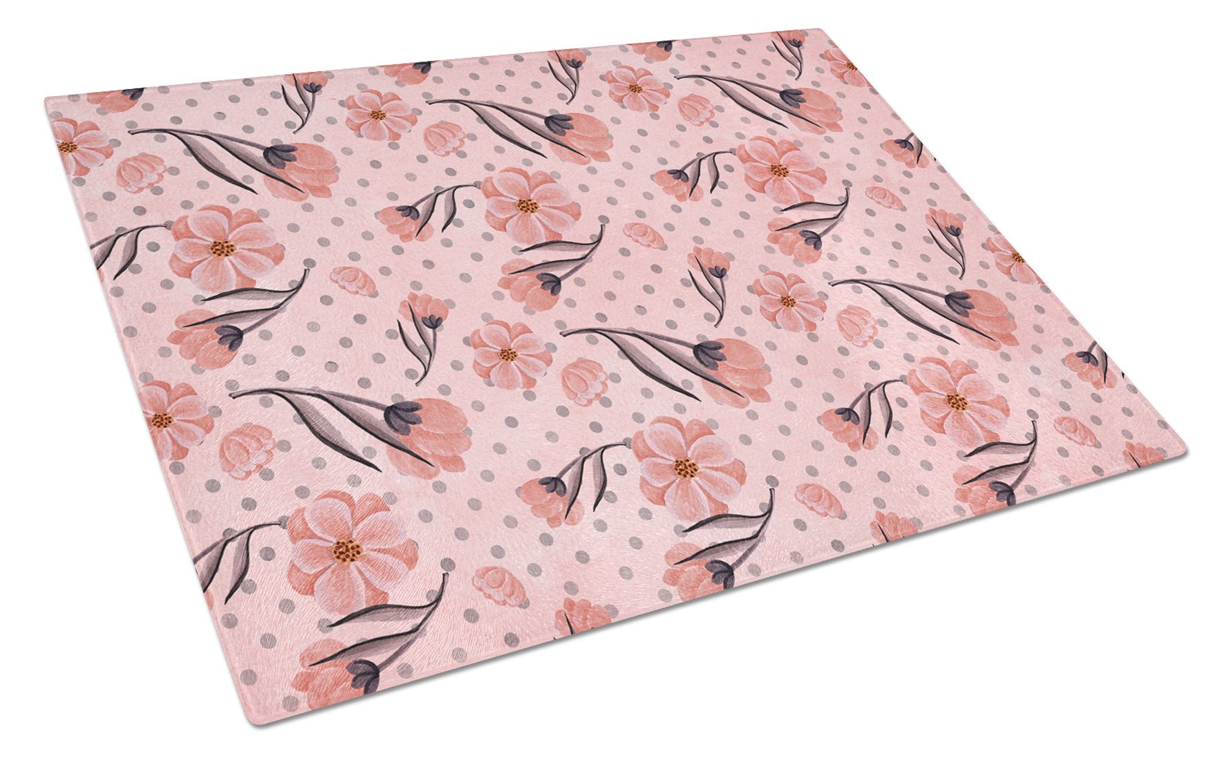 Pink Flowers and Polka Dots Cutting Board Tempered Glass Kitchen Cutting Surface, Heat Resistant Chopping, Non-Slip Feet, Food Prep & Serving