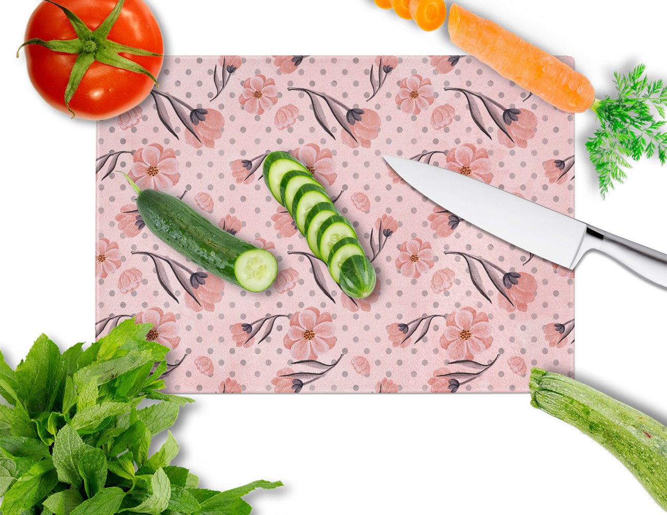 Pink Flowers and Polka Dots Cutting Board Tempered Glass Kitchen Cutting Surface, Heat Resistant Chopping, Non-Slip Feet, Food Prep & Serving