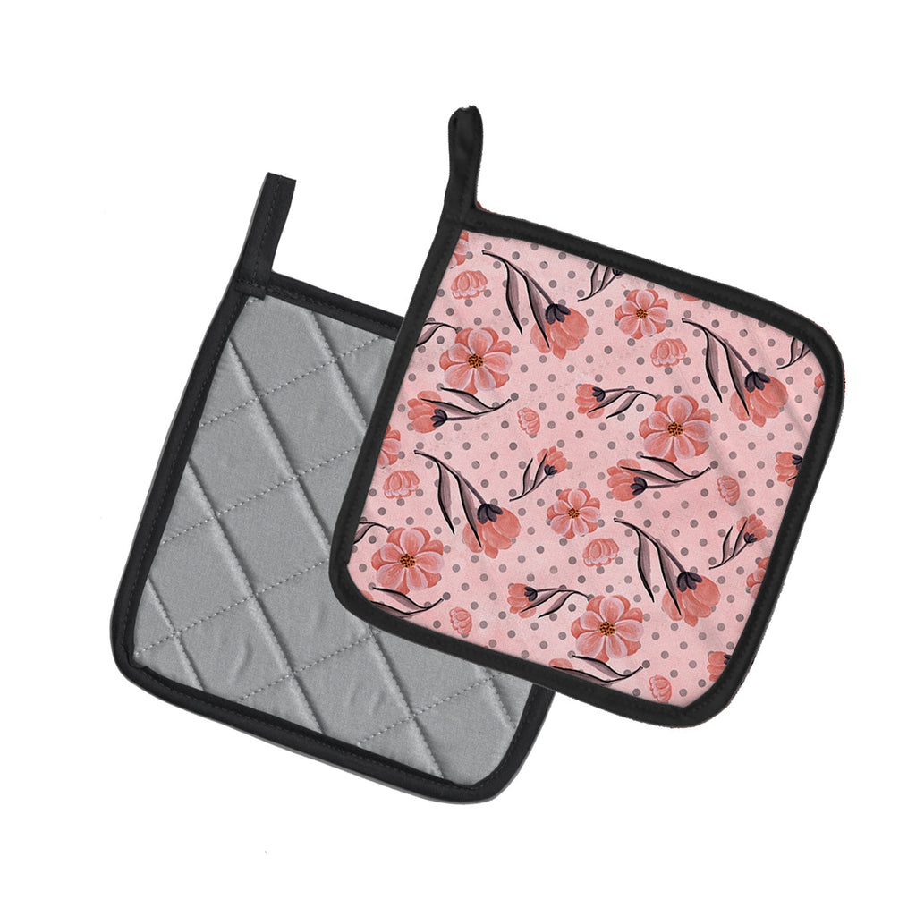 Pink Flowers and Polka Dots Pot Holder Set of 2 Heat Resistant Quilted Hot Pads 7.5 x 7.5 Inch, Insulated Kitchen Trivets for Cooking & Baking