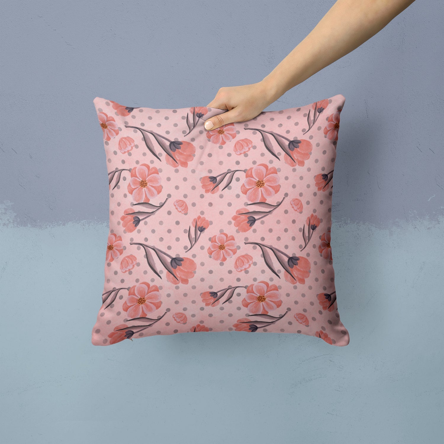 Pink Flowers and Polka Dots Decorative Throw Pillow 14x14 Indoor Outdoor Accent Cushion, Fabric Cover with Insert for Sofa, Bed, Porch & Living Room