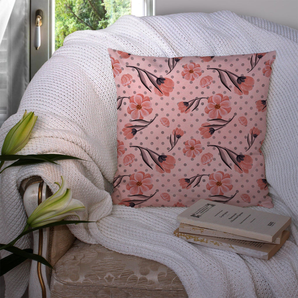 Pink Flowers and Polka Dots Decorative Throw Pillow 14x14 Indoor Outdoor Accent Cushion, Fabric Cover with Insert for Sofa, Bed, Porch & Living Room