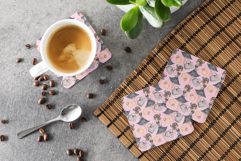 Watercolor Fashion Diva on Pink Foam Coasters Set of 4 Cup Coasters for Indoor Outdoor, Tabletop Protection, Anti Slip, Mouse pad Material