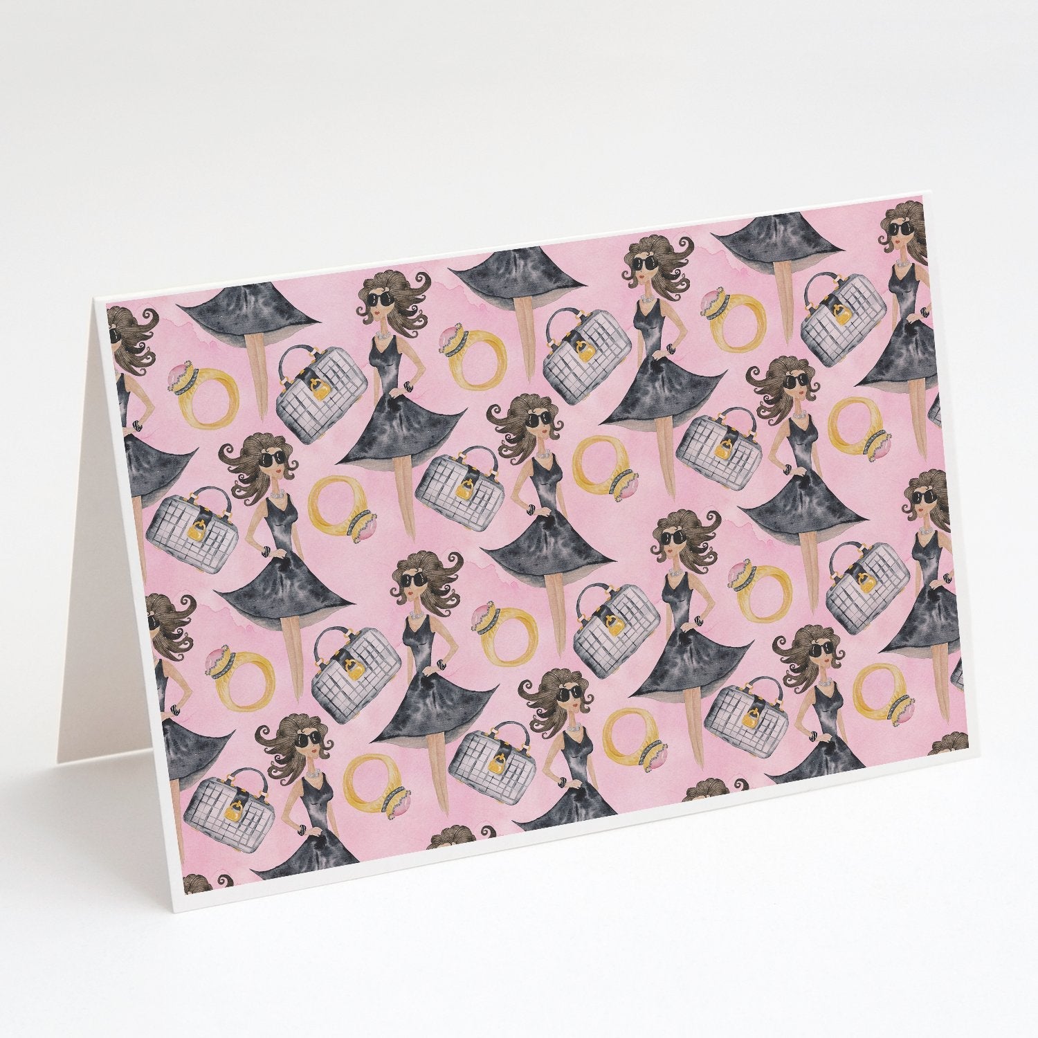 Watercolor Fashion Diva on Pink Greeting Cards Pack of 8 Blank Cards with Envelopes Whimsical A7 Size 5x7
