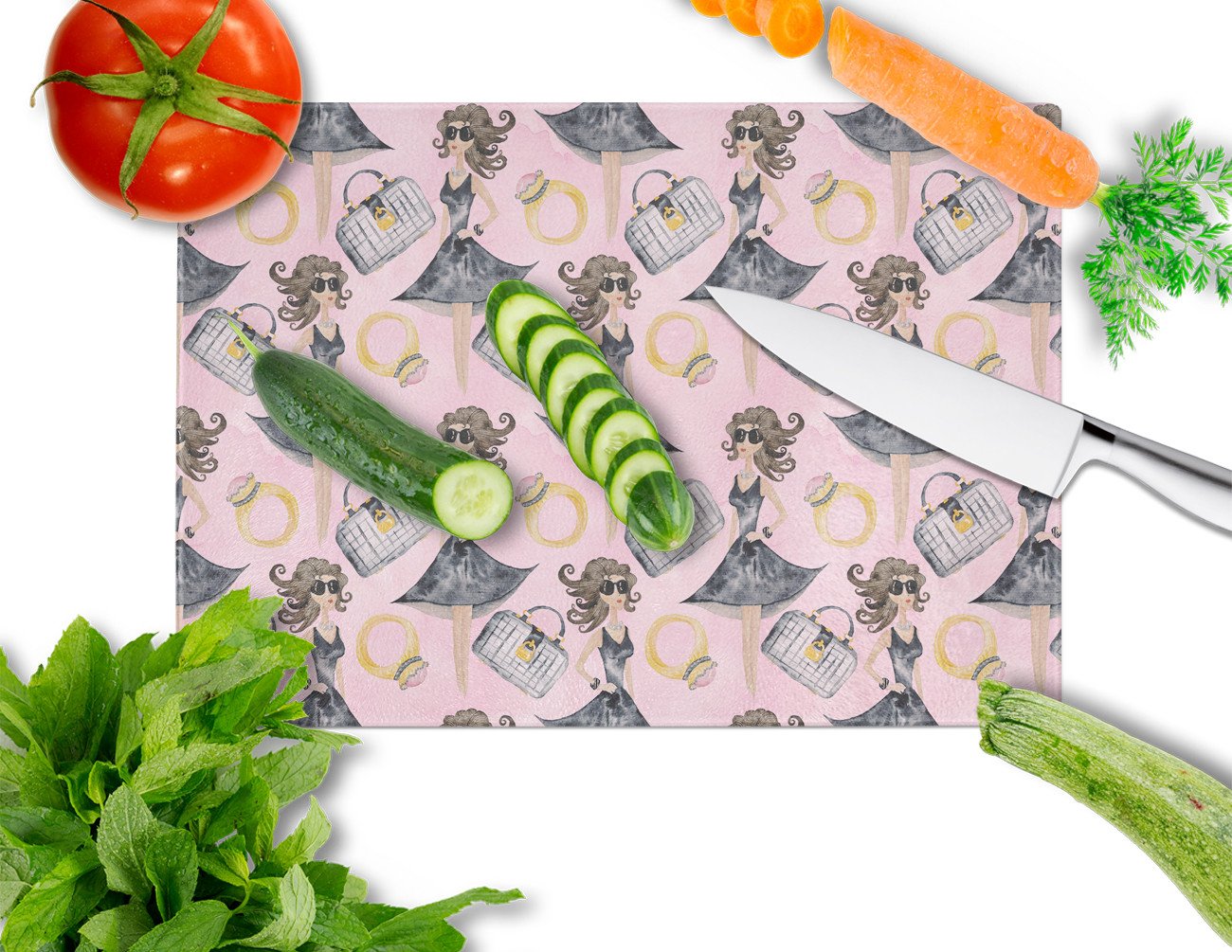 Watercolor Fashion Diva on Pink Cutting Board Tempered Glass Kitchen Cutting Surface, Heat Resistant Chopping, Non-Slip Feet, Food Prep & Serving