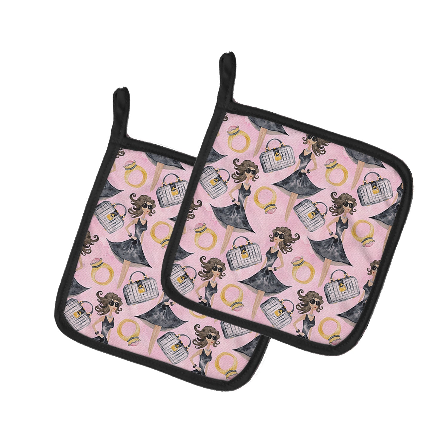 Watercolor Fashion Diva on Pink Pot Holder Set of 2 Heat Resistant Quilted Hot Pads 7.5 x 7.5 Inch, Insulated Kitchen Trivets for Cooking & Baking