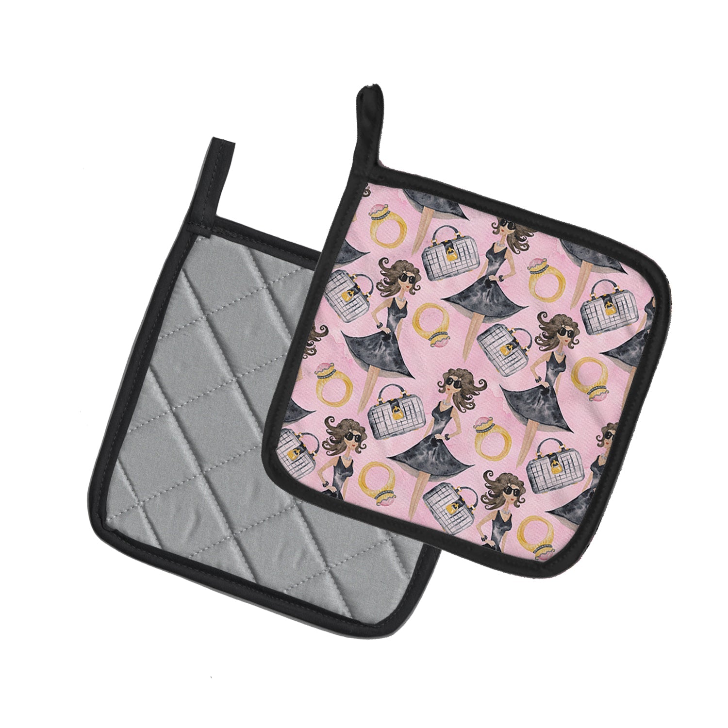 Watercolor Fashion Diva on Pink Pot Holder Set of 2 Heat Resistant Quilted Hot Pads 7.5 x 7.5 Inch, Insulated Kitchen Trivets for Cooking & Baking