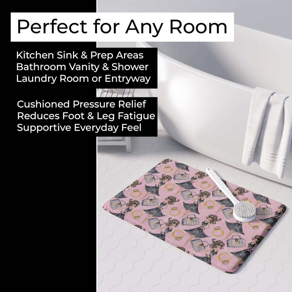 Watercolor Fashion Diva on Pink Memory Foam Kitchen Mat Machine Washable Anti-Fatigue Cushion Comfort Bath or Kitchen Rug
