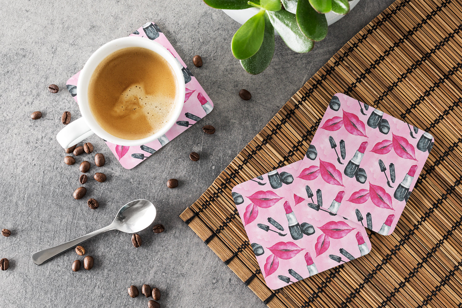 Watercolor Diva Lipstick  Foam Coasters Set of 4 Cup Coasters for Indoor Outdoor, Tabletop Protection, Anti Slip, Mouse pad Material