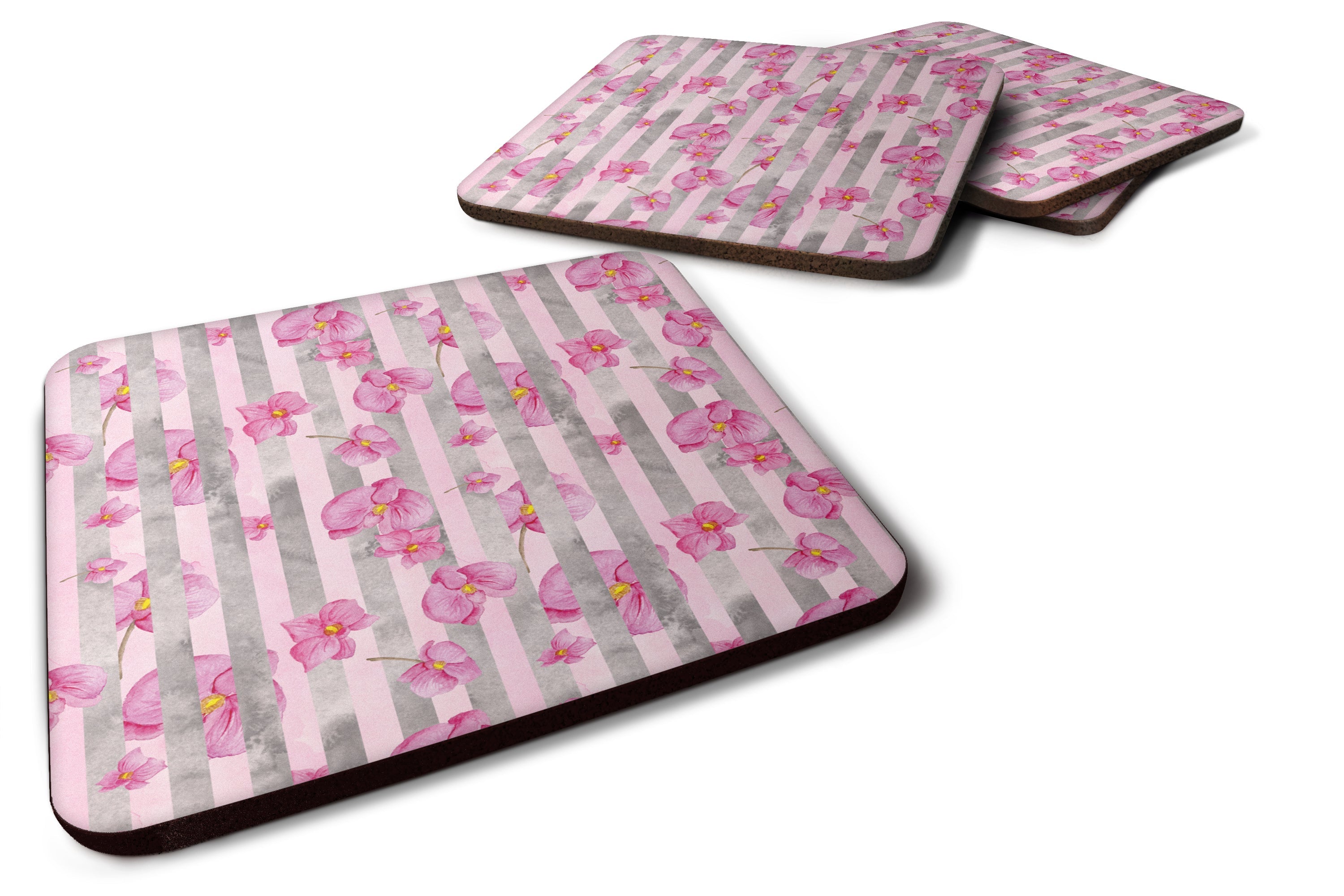 Watercolor Pink Flowers Grey Stripes Foam Coasters Set of 4 Cup Coasters for Indoor Outdoor, Tabletop Protection, Anti Slip, Mouse pad Material