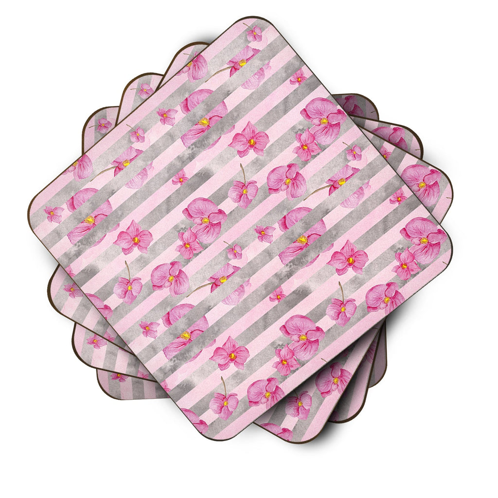 Watercolor Pink Flowers Grey Stripes Foam Coasters Set of 4 Cup Coasters for Indoor Outdoor, Tabletop Protection, Anti Slip, Mouse pad Material