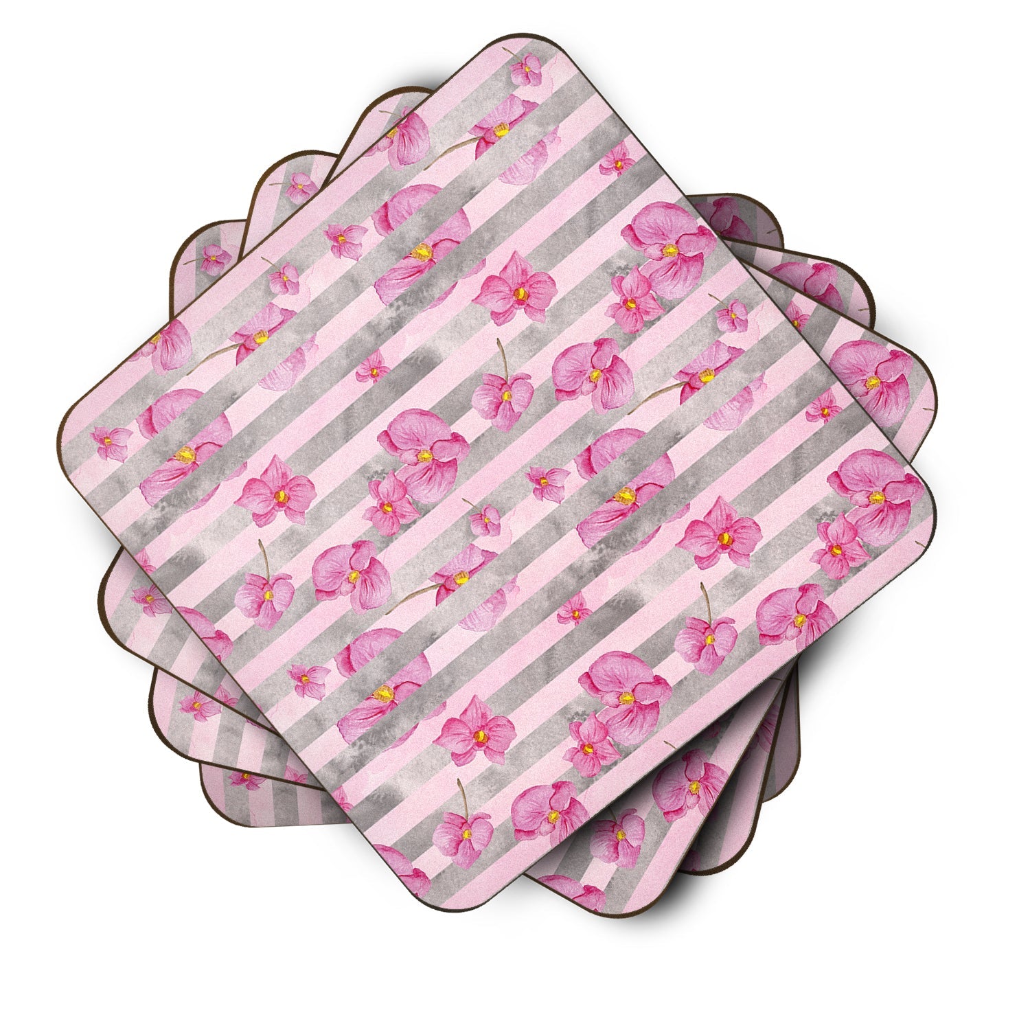 Watercolor Pink Flowers Grey Stripes Foam Coasters Set of 4 Cup Coasters for Indoor Outdoor, Tabletop Protection, Anti Slip, Mouse pad Material
