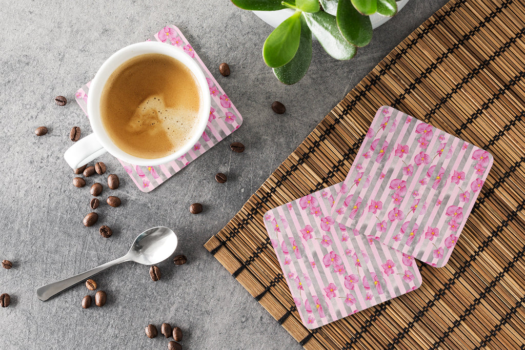 Watercolor Pink Flowers Grey Stripes Foam Coasters Set of 4 Cup Coasters for Indoor Outdoor, Tabletop Protection, Anti Slip, Mouse pad Material