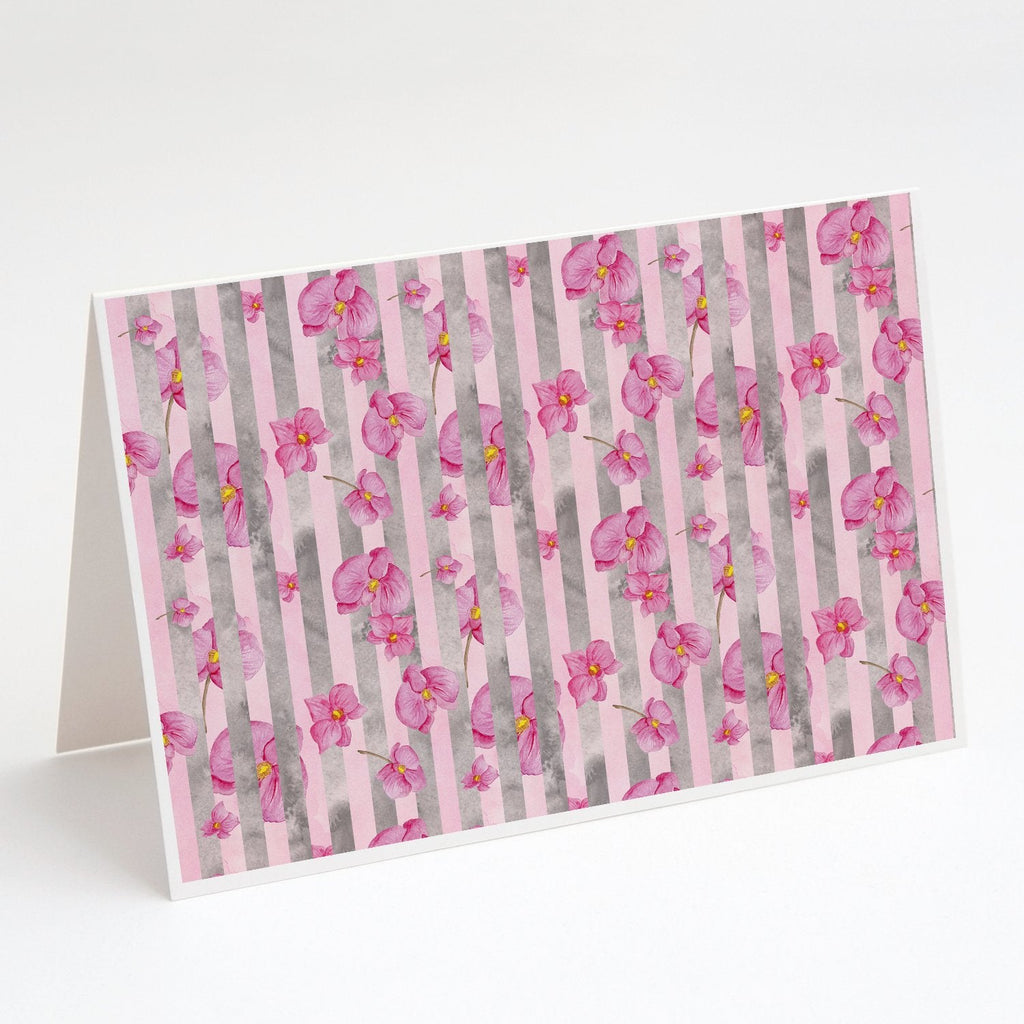 Watercolor Pink Flowers Grey Stripes Greeting Cards Pack of 8 Blank Cards with Envelopes Whimsical A7 Size 5x7