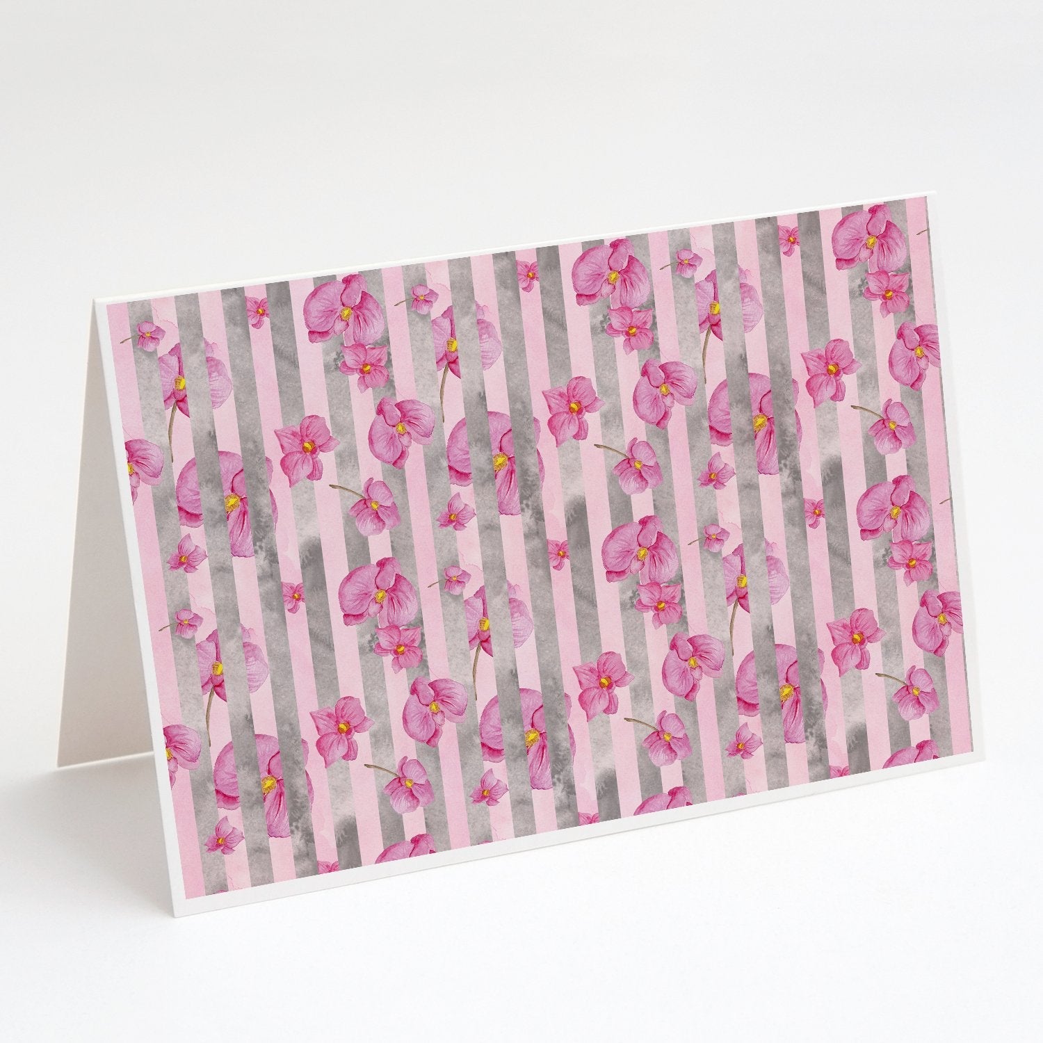 Watercolor Pink Flowers Grey Stripes Greeting Cards Pack of 8 Blank Cards with Envelopes Whimsical A7 Size 5x7